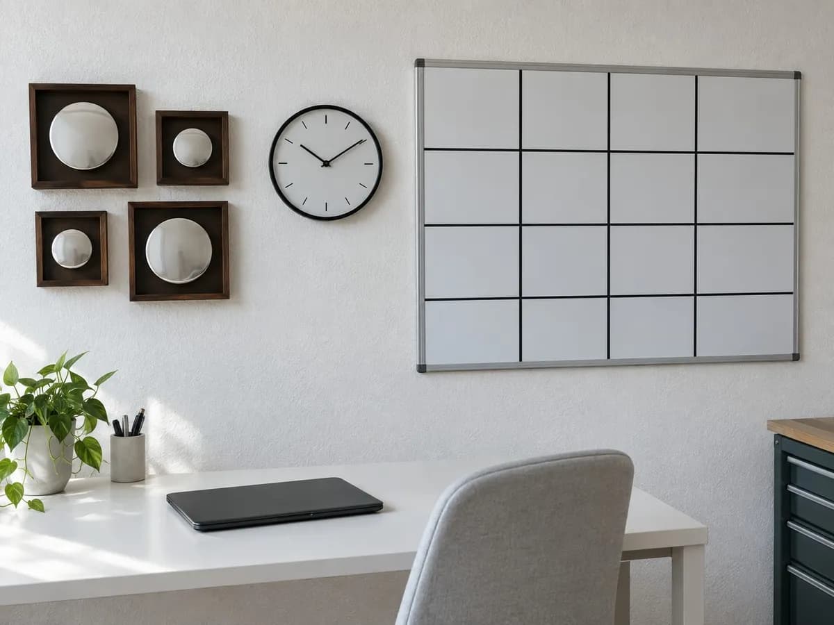 Canto do escritório da oficina com um quadro semanal, um relógio de parede e uma moldura com emblemas de carros
